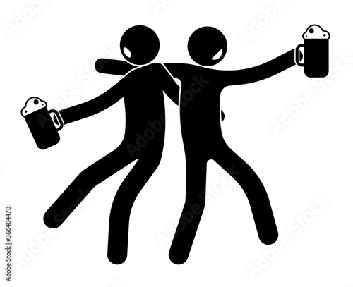 stick figure, two drunken comrades, friend return drunk from a beer restaurant, pub. Mugs with alcoholic drink in hand. Harm of alcohol to health. Vector on white background