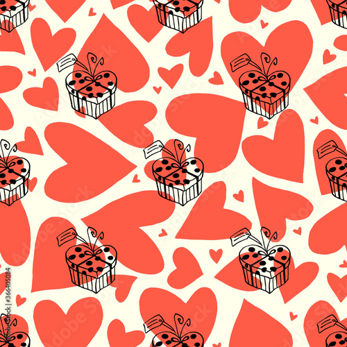 Seamless pattern with gift boxes and hearts. Cute hand drawn doodles. Concept for wrapping paper, greeting cards, xmas, packaging, wedding, birthday, fabric, Valentines Day, mothers Day