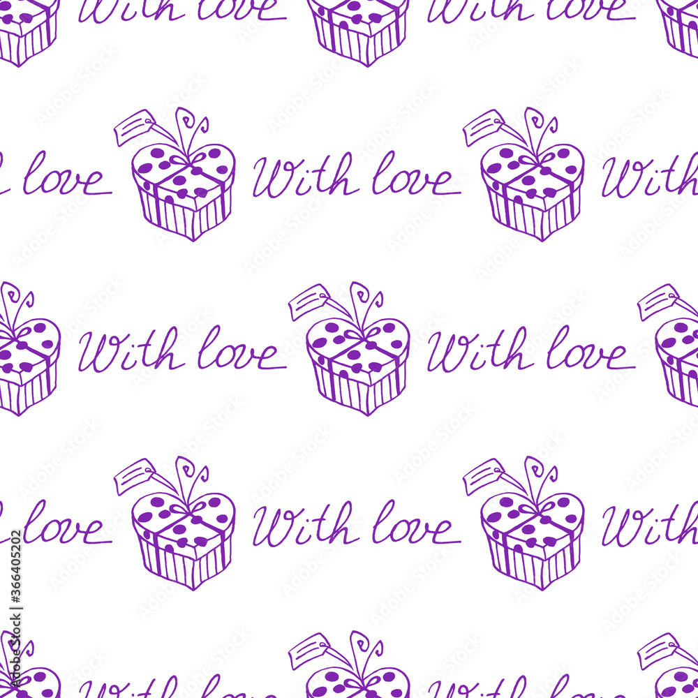 Obraz premium Seamless pattern with gift boxes and hearts. Cute hand drawn doodles. Concept for wrapping paper, greeting cards, xmas, packaging, wedding, birthday, fabric, Valentines Day, mothers Day