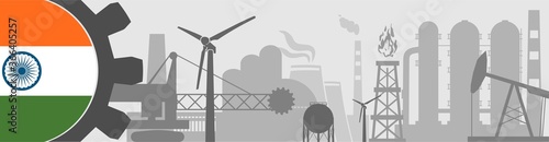 Energy, manufacturing and power icons set. Header or footer banner. Sustainable energy generation, transportation and heavy industry. Flag of the India