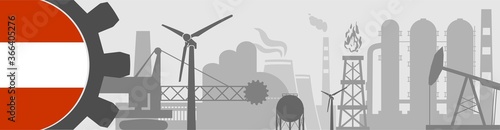 Energy, manufacturing and power icons set. Header or footer banner. Sustainable energy generation, transportation and heavy industry. Flag of the Austria