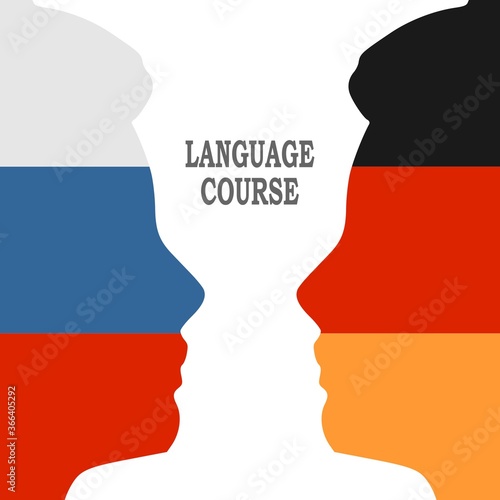 Language learning. Germany and Russia. National flags inside the heads of the men.