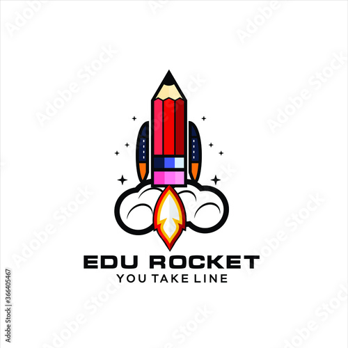pencil rocket launch with fire flame. logo vector for kids, children, education, school startup, illustration