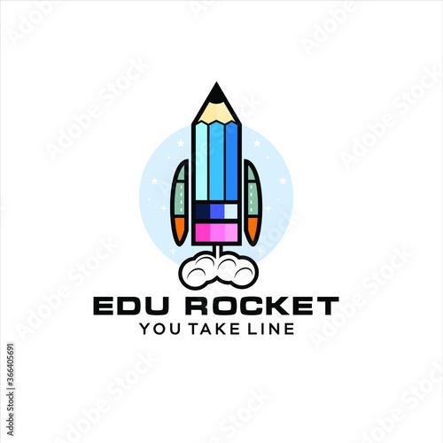pencil rocket launch with fire flame. logo vector for kids, children, education, school startup, illustration
