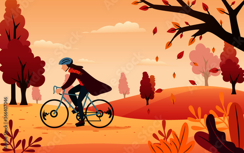 Vector Inspiration from an illustration of a man biking in an autumn afternoon with orange covering.