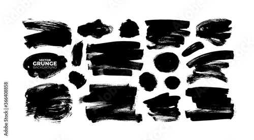 Vector black paint, ink brush strokes and shapes collection. Dirty grunge design element, box or background for text. Grungy black smears and circle rough stain. Hand drawn ink illustration on white