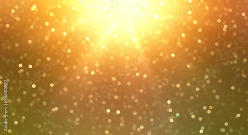 Golden bokeh in sunshine on green yellow blur background. Bright rays on top. Holiday summer outside decor.