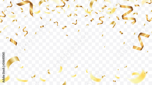 Celebration background party decoration frame template with golden confetti and streamer Ribbon Isolated On Transparent Background. Vector Illustration.