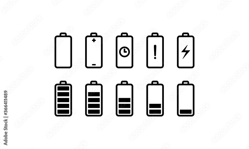 Battery with different levels of charge icons set. Vector on isolated white background. EPS 10. Battery with different levels of charge icons set. Vector on isolated white background. EPS 10.