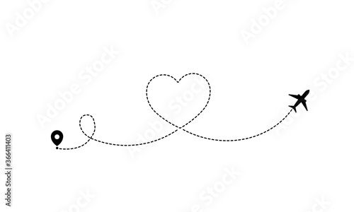 Airplane flight in heart shape icon. Romantic journey. Valentine day. Vector on isolated white background. EPS 10.