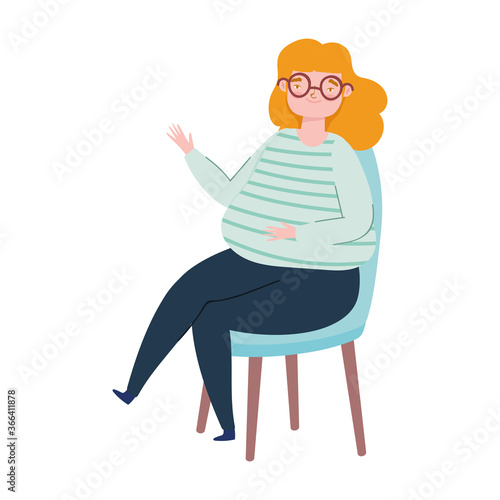 young woman sitting on chair cartoon isolated icon design © Stockgiu
