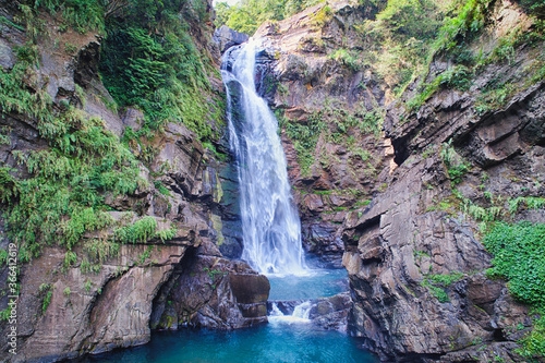 Xiao Wulai Waterfall Aerial Photography - Low angle view use the drone photography on sunny day  shot in Xiao Wulai Scenic Area  Fuxing District  Taoyuan  Taiwan.