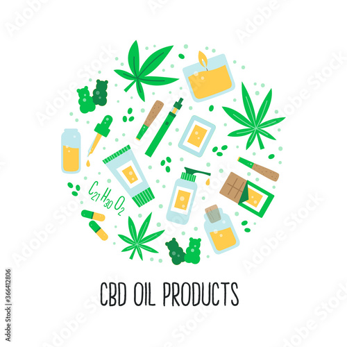 CBD oil products and hemp leaves flat icons set in circle design.