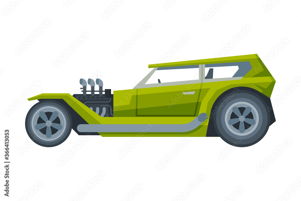 Retro Style Green Car, Old Sports Automobile Vector Illustration on White Background