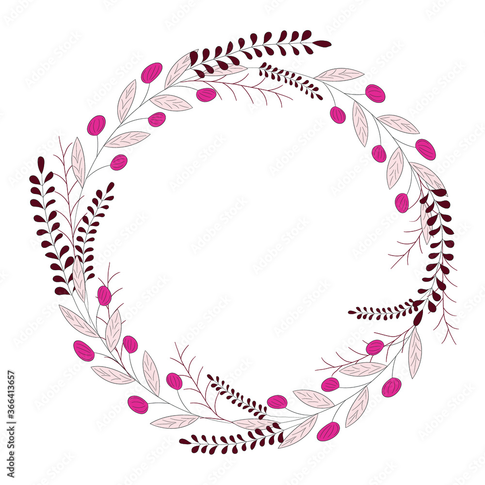 Floral wreath with pink branches and berries. Vector illustration.