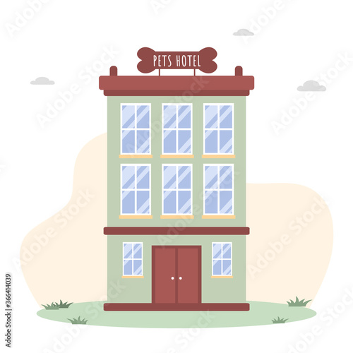 Pets hotel. Veterinary hospital services and domestic animals hotels. Dogs grooming and health check center. Vet clinic, robotic pet sitters metaphors. Vector illustrations in flat style.
