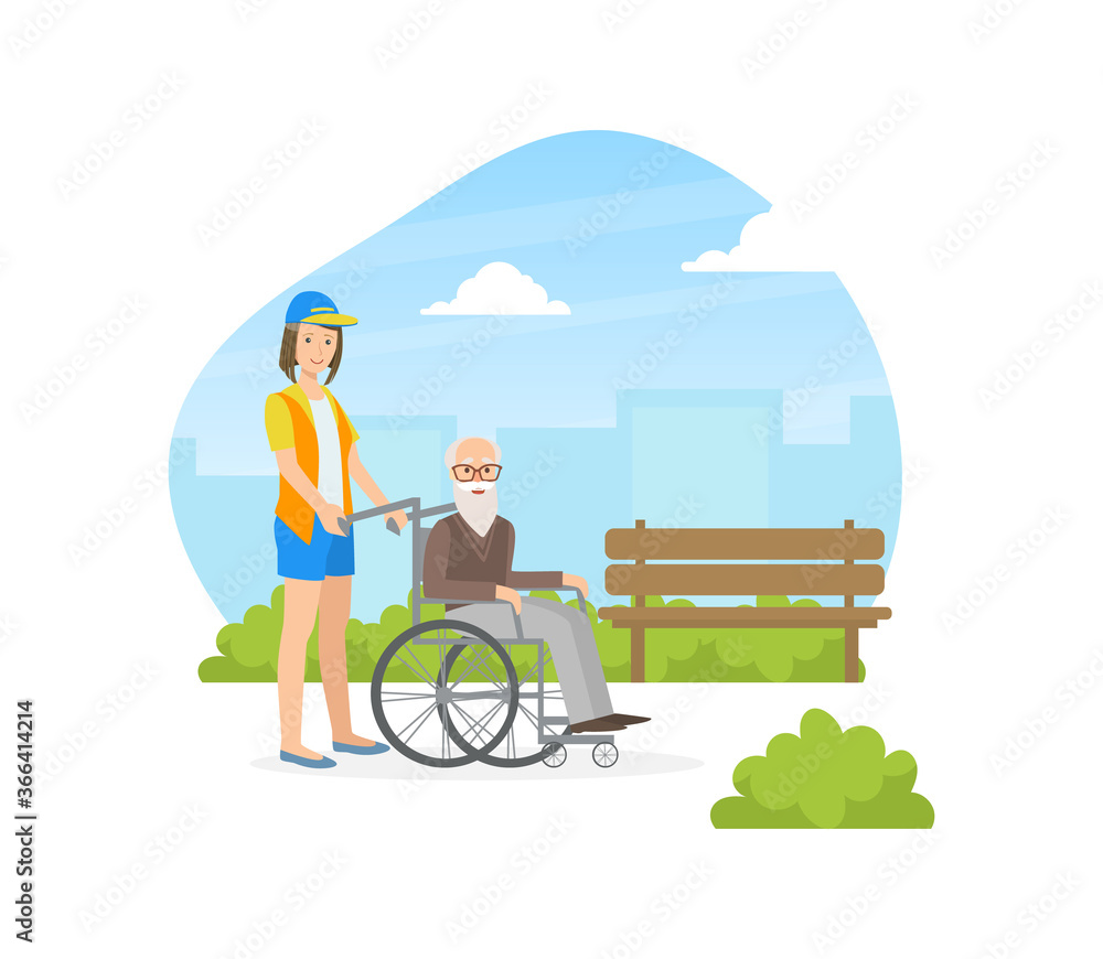 Fototapeta premium Female Volunteer Helping to Disabled Elderly Man in Wheelchair, Volunteering, Charity, Supporting People Concept Vector Illustration