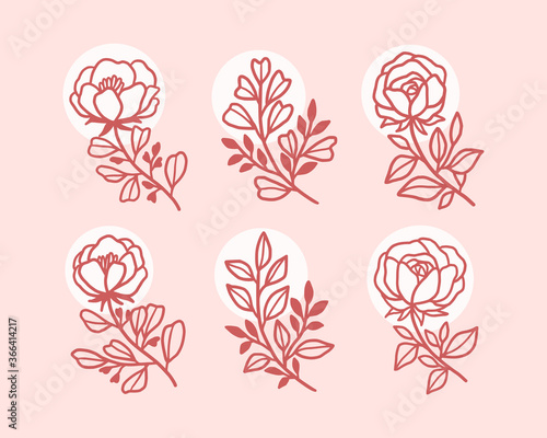 Vector feminine logo design templates in trendy linear minimal style. Leaf branches, rose and peony flowers. Symbols and icons for cosmetics, jewellery, beauty and handmade products