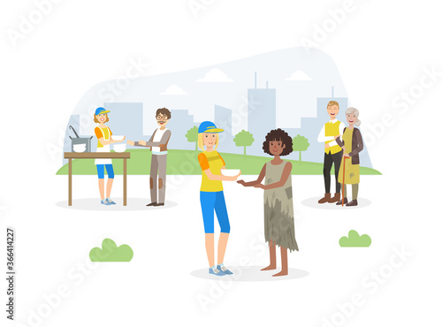 Male Volunteer Giving Food to Homeless, Volunteering, Charity, Supporting People Concept Vector Illustration