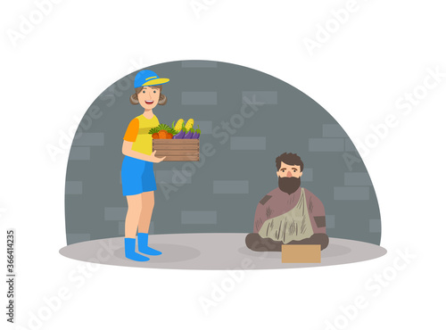Male Volunteer Bringing Food to Homeless Woman, Volunteering, Charity, Supporting People Concept Vector Illustration