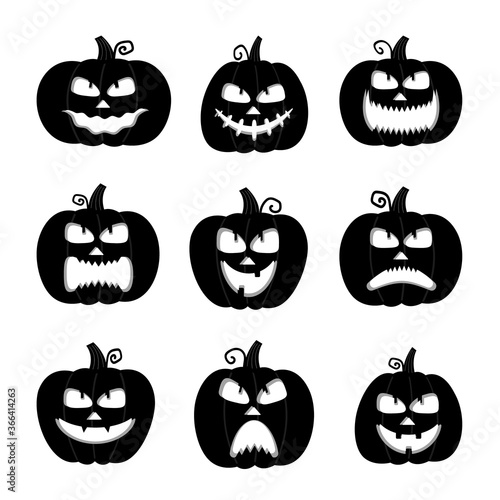 Happy, funny, cute and scary halloween pumpkin set. Holidays cartoon character collection. Vector illustration in flat style.