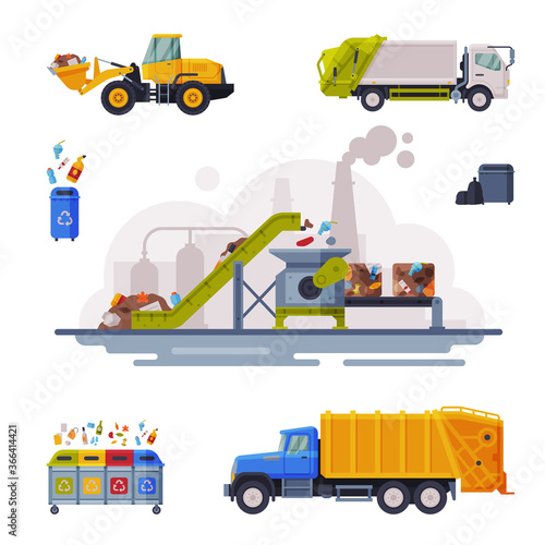 Garbage Disposal Set, Waste Collection, Transportation Sorting and Recycling Flat Style Vector Illustration