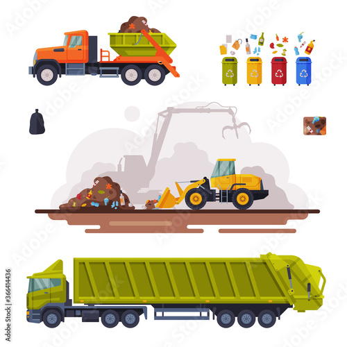 Garbage Disposal Set, Waste Collection, Sorting, Processing and Recycling Flat Vector Illustration
