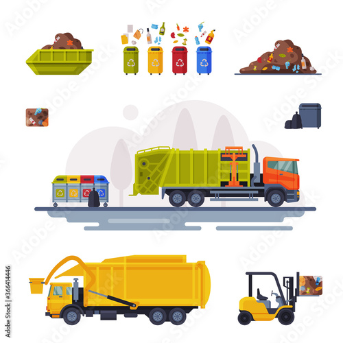 Garbage Disposal Set, Processingof Waste from Collection to Recycling Flat Vector Illustration