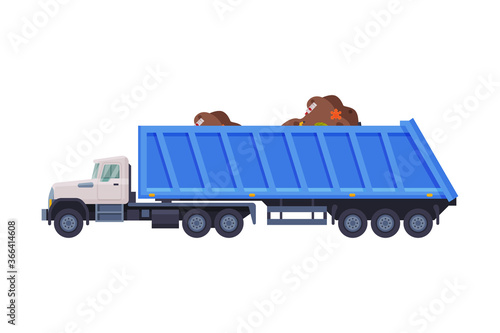 Garbage Truck Carrying Garbage, Urban Heavy Sanitary Vehicle, Waste Recycling Concept Flat Style Vector Illustration