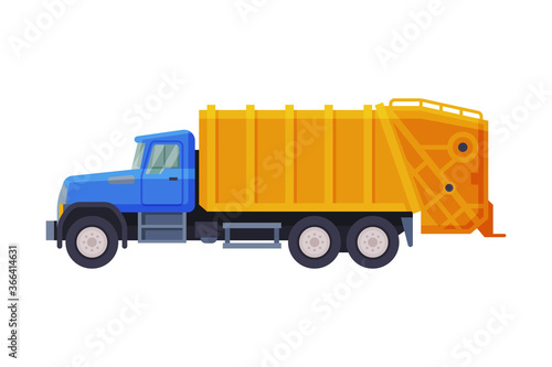 Garbage Truck, Heavy Sanitary Vehicle, Waste Collection, Transportation and Recycling Concept Flat Style Vector Illustration