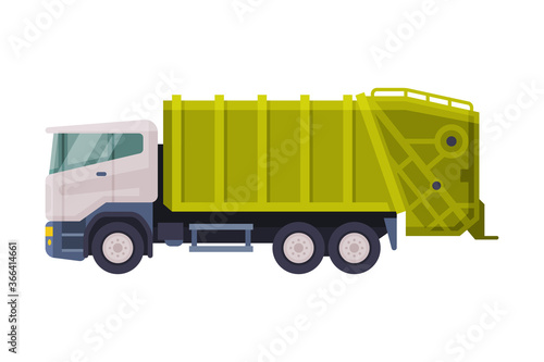 Green Garbage Truck Sanitary Vehicle, Waste Collection, Transportation and Recycling Concept Flat Style Vector Illustration on White Background