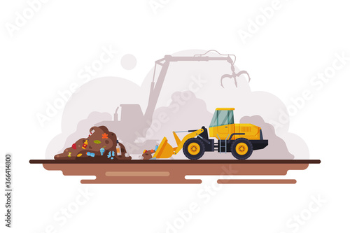 Yellow Bulldozer for Garbage Cleaning, Waste Recycling Process Flat Style Vector Illustration on White Background photo