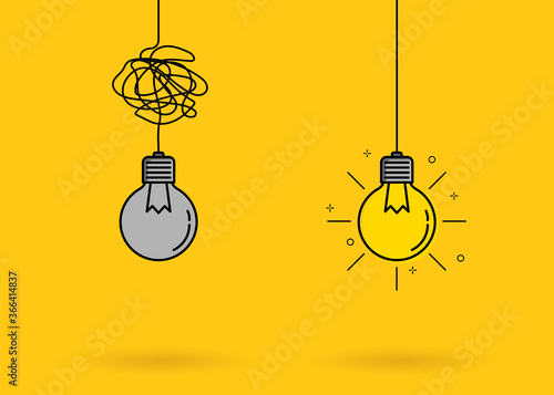 Creative idea thinking outstanding, inspiration, brainstorm, innovation, solution and imagination development. Light bulb with lighting shine icon sign meaning solve the problem. Vector illustration