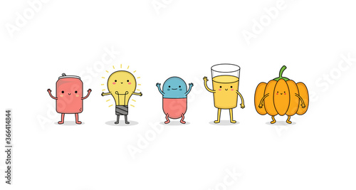 Cute Random Cartoon Character Set 2 coke can, light bulb, pills, lemonade glass and pumpkin