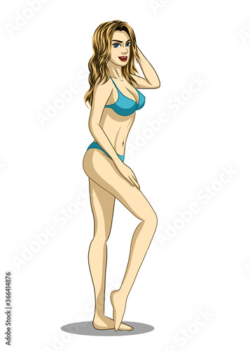 Vector illustration of a beautiful, sexy woman in a bra, swimsuit, bikini. She is standing and smile