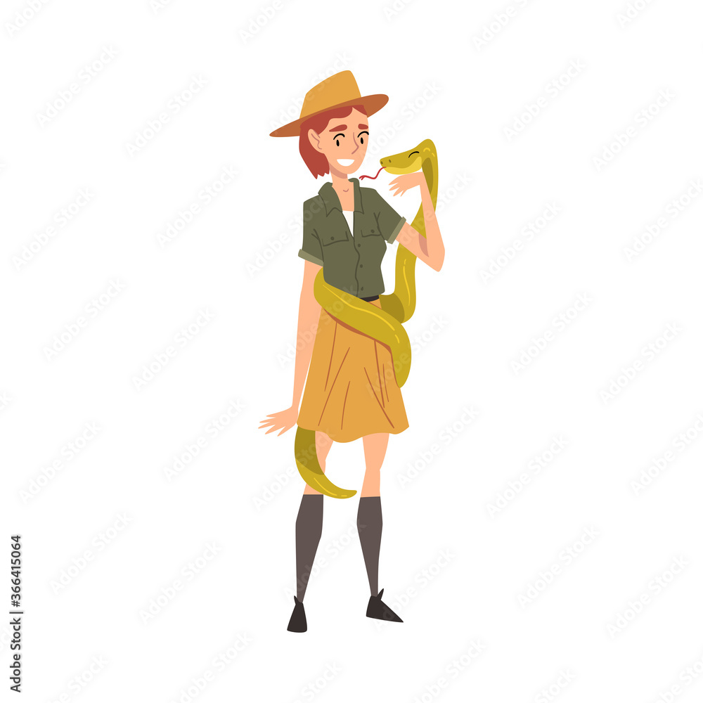 Smiling Female Zoo Worker with Snake, Veterinarian or Professional Zookeeper Character Caring of Wild Animals in Zoo Cartoon Vector Illustration
