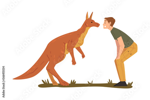 Male Zoo Worker and Kangaroo Looking at Each Other, Veterinarian or Professional Zookeeper Character Caring of Wild Animals in Zoo Cartoon Vector Illustration