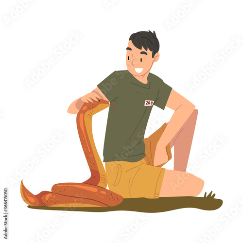 Male Zoo Worker Stroking Snake, Veterinarian or Professional Zookeeper Character Caring of Wild Animals in Zoo Cartoon Vector Illustration
