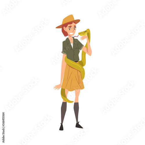 Smiling Female Zoo Worker with Snake, Veterinarian or Professional Zookeeper Character Caring of Wild Animals in Zoo Cartoon Vector Illustration