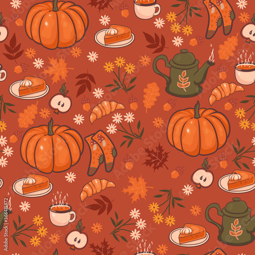 Seamless pattern with cozy autumn graphic elements. Vector graphics.