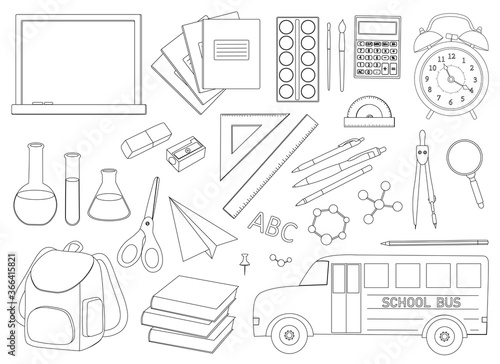 Set back to school vector illustration black and white coloring. Stationery items paint pencils notebooks paper plane scissors sharpened calculator books ruler