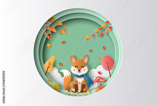 Paper art style of autumn landscape with a happy fox sitting in a forest.