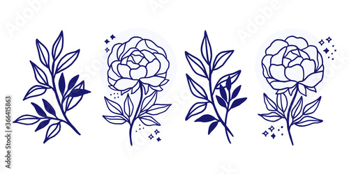 Vector feminine logo design templates in trendy linear minimal style. Peony flowers and botanical leaf branch. Symbols and icons for cosmetics, jewellery, beauty and handmade products