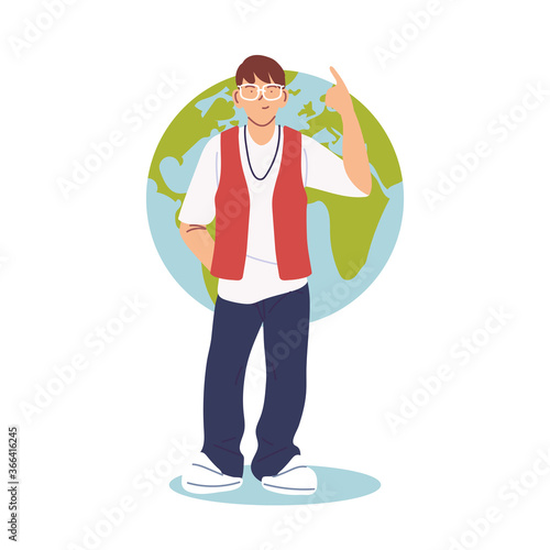 Man cartoon in front of world vector design