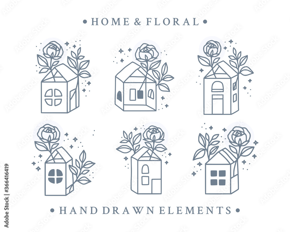 Vector feminine logo design templates in trendy linear minimal style. Rose flowers, botanical leaf, and home. Symbols and icons for cosmetics, jewellery, beauty and handmade products