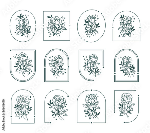 Vector feminine logo design templates in trendy linear minimal style. Rose with frames. Symbols and icons for cosmetics, jewellery, beauty and handmade products