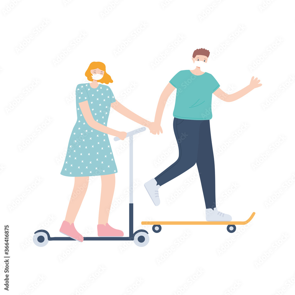 people with medical face mask, couple riding kick scooter and skate, city activity during coronavirus people with medical face mask, couple riding kick scooter and skate, city activity during coronavirus