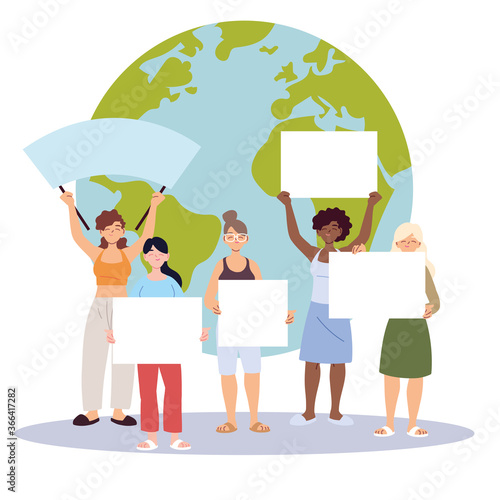 women cartoons holding banners boards in front of world vector design