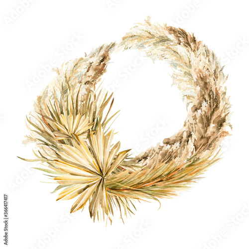 Watercolor boho wreath with hand painted tropical dried palm leaves and branches of pampas grass. Romantic floral set perfect for fabric textile, wedding cards