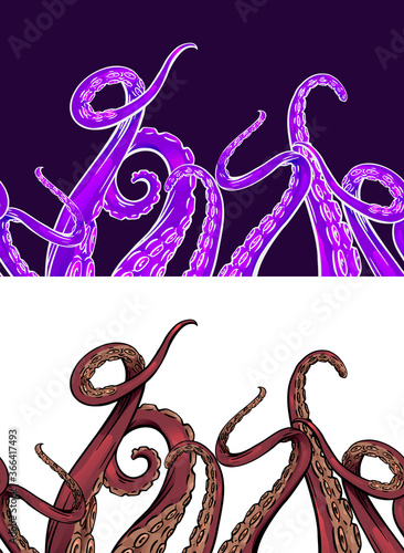 Set of neon seamless border of cartoon silhouette and hand drawn sketches octopus tentacles. Creepy limbs of marine inhabitants. Vector object for frames, cards and your design.